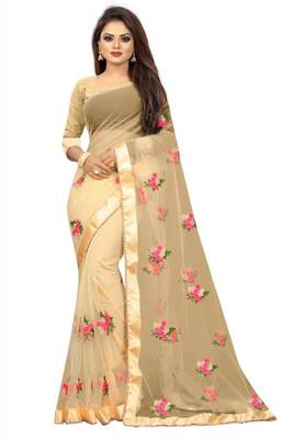 chiku colour Net Embroidery Saree With Blouse 1