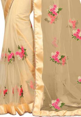 chiku colour Net Embroidery Saree With Blouse 2