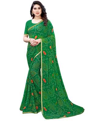 Green printed chiffon saree with blouse 1