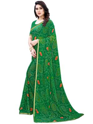 Green printed chiffon saree with blouse 2