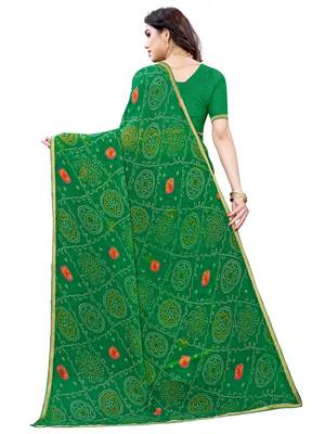 Green printed chiffon saree with blouse 3