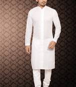 White embroidered cotton kurta-pajama
