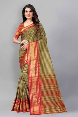 Vatudi Fashion Checkered Banarasi Cotton Silk Saree Red color for women 1