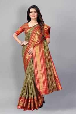 Vatudi Fashion Checkered Banarasi Cotton Silk Saree Red color for women 2