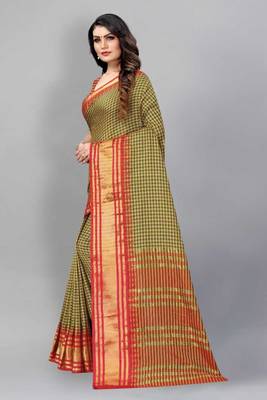 Vatudi Fashion Checkered Banarasi Cotton Silk Saree Red color for women 5