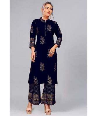Foil Printed Rayon Navy Blue Kurti Palazzo Set 1