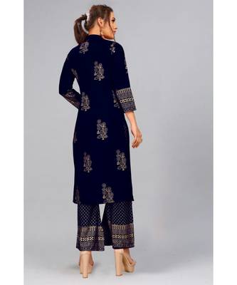 Foil Printed Rayon Navy Blue Kurti Palazzo Set 2