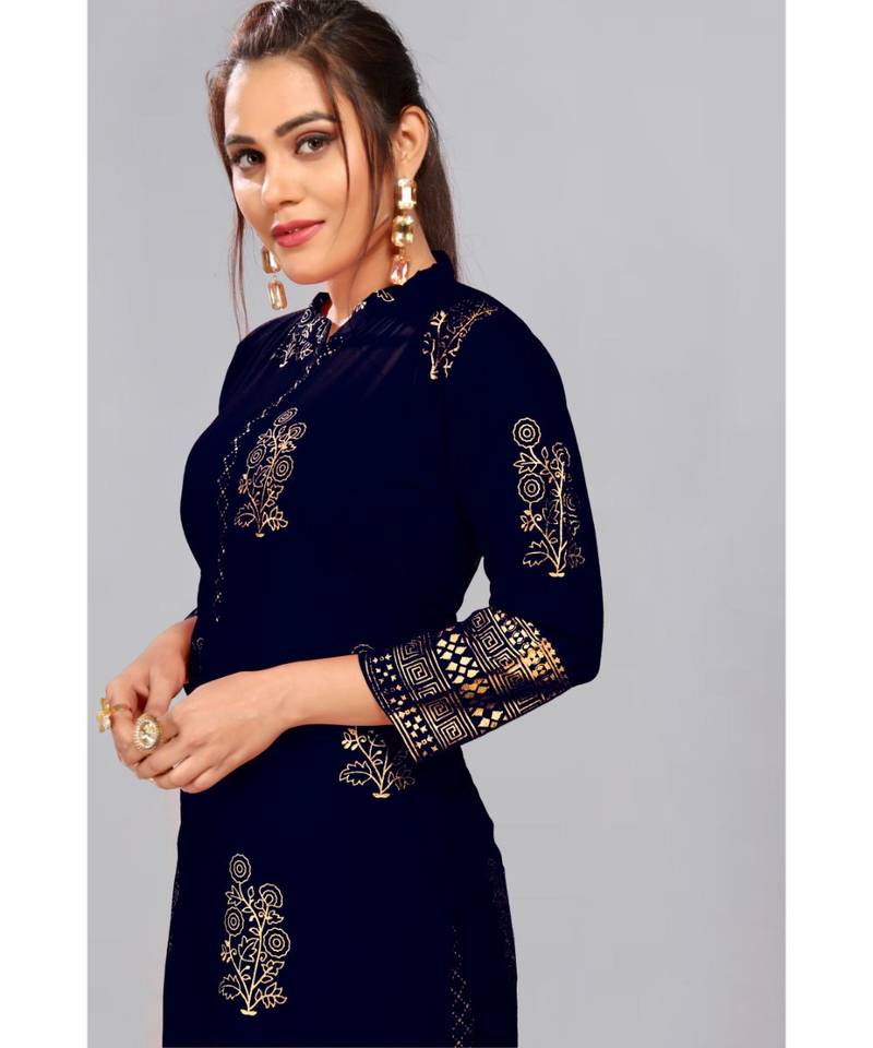 Foil Printed Rayon Navy Blue Kurti Palazzo Set