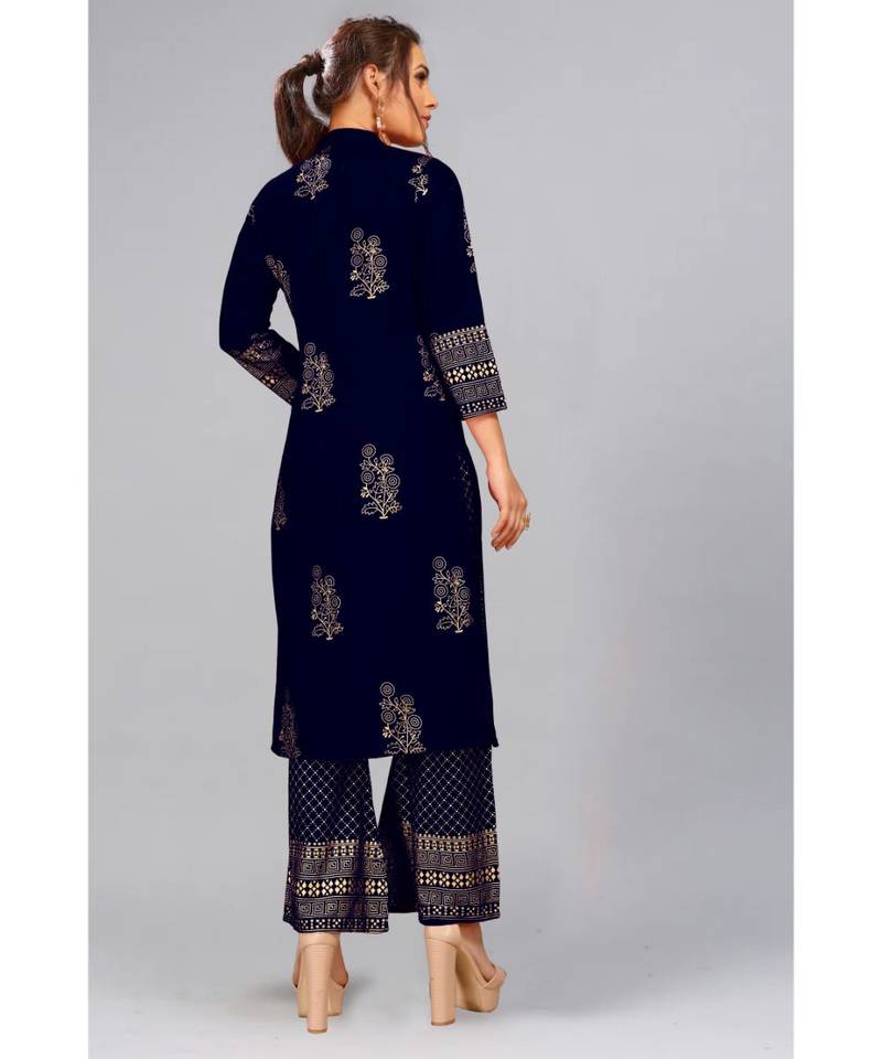 Foil Printed Rayon Navy Blue Kurti Palazzo Set
