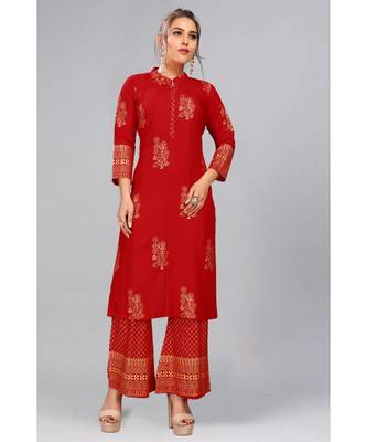 Maroon Foil Printed Rayon  Kurti Palazzo Set 1