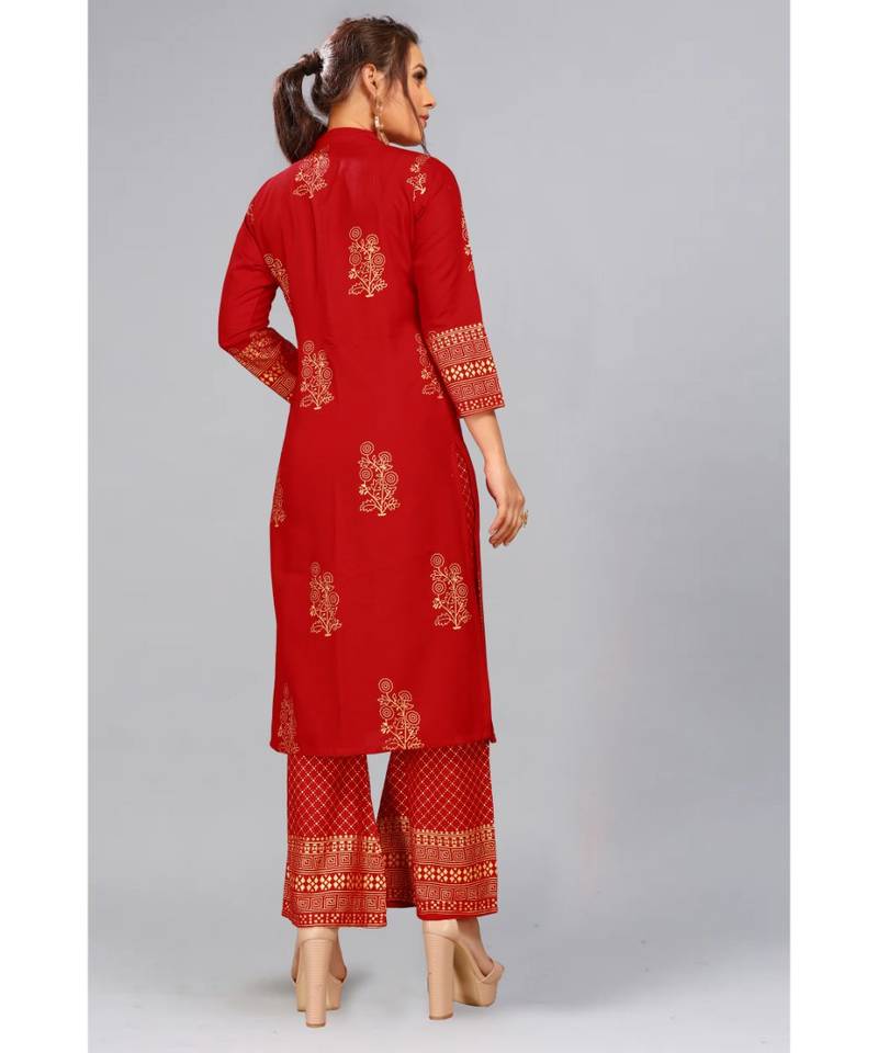 Maroon Foil Printed Rayon  Kurti Palazzo Set
