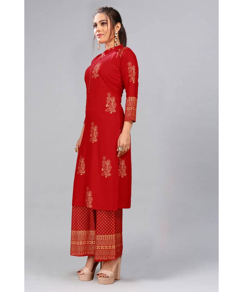 Maroon Foil Printed Rayon  Kurti Palazzo Set