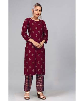 Maroon Foil Printed Rayon  Kurti Palazzo Set 1