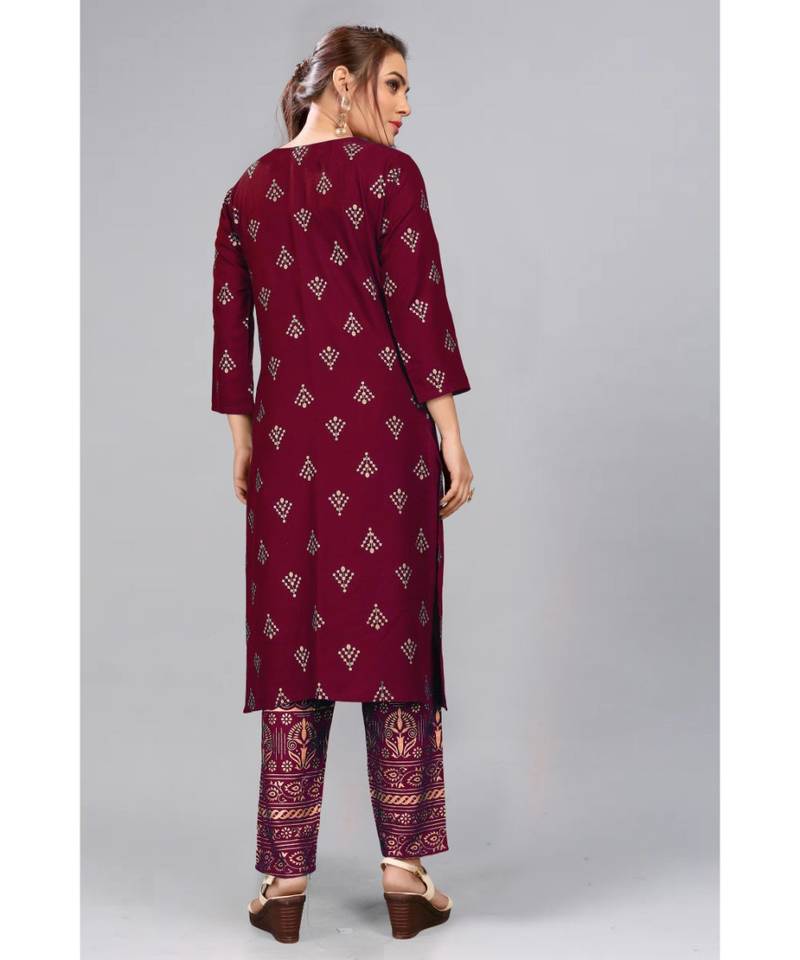 Maroon Foil Printed Rayon  Kurti Palazzo Set