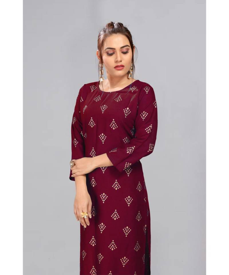 Maroon Foil Printed Rayon  Kurti Palazzo Set