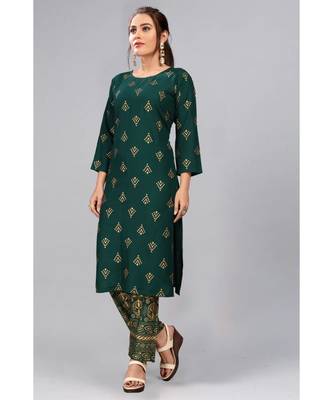 Green Foil Printed Rayon Kurti Palazzo Set 1