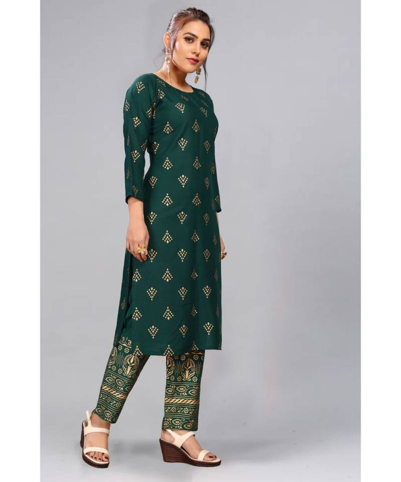 Green Foil Printed Rayon Kurti Palazzo Set