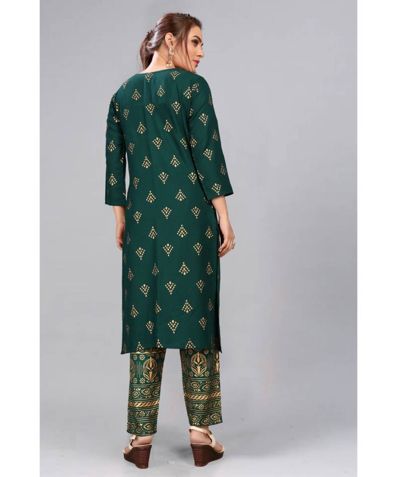Green Foil Printed Rayon Kurti Palazzo Set