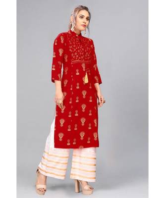 Red And White Foil Printed Rayon Kurti Palazzo Set 1