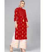 Red And White Foil Printed Rayon Kurti Palazzo Set