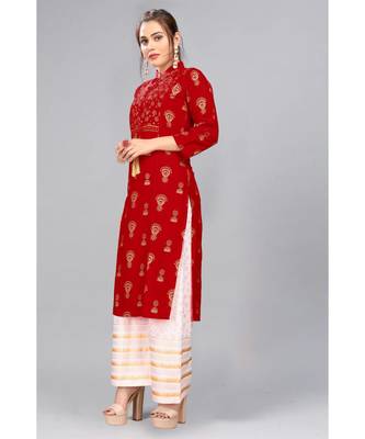 Red And White Foil Printed Rayon Kurti Palazzo Set 2