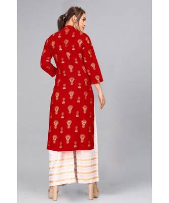 Red And White Foil Printed Rayon Kurti Palazzo Set 3