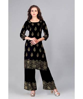 Black Foil Printed Rayon  Kurti Palazzo Set 1