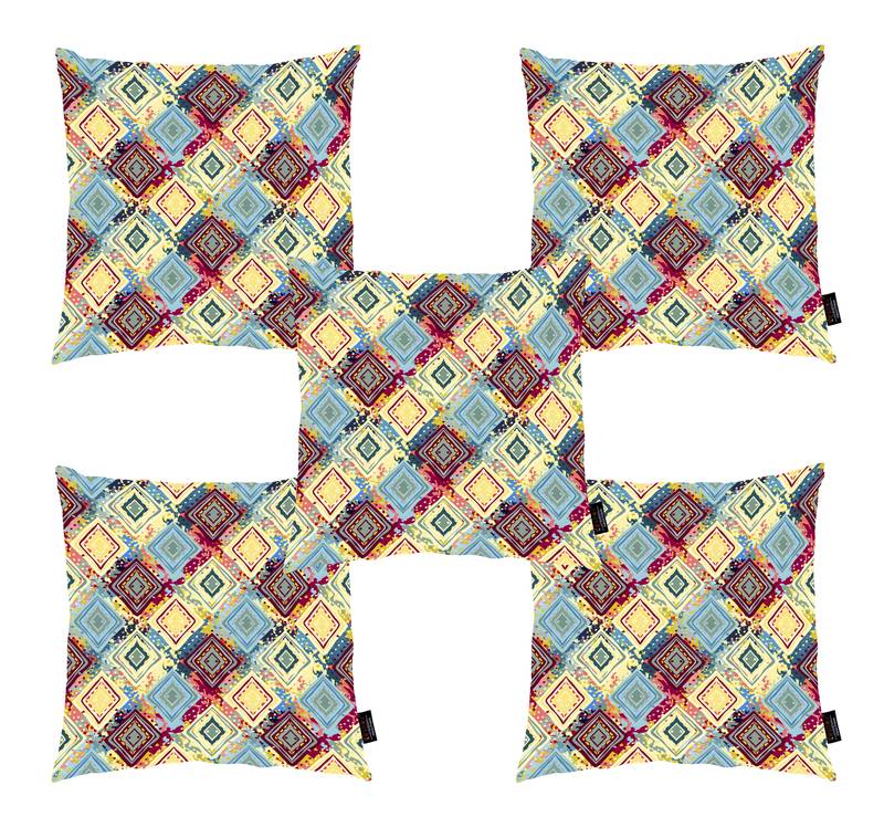 Floral Print Velvet Cushion Cover (16x16 inches, Multicolour) Reversible Print Set of 5