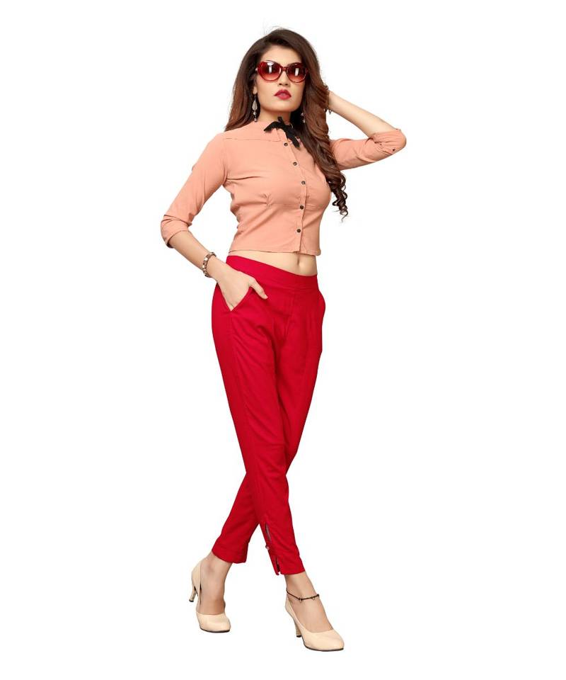 Krisha Export Regular Slim Fit Women Slub Lycra Red Pant