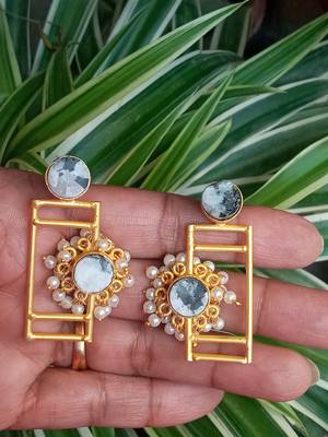 RozMili Traditional Brass metal Matte finish Gold Plated  Jaipuri stone Drop Earrings for Women & Girls 1