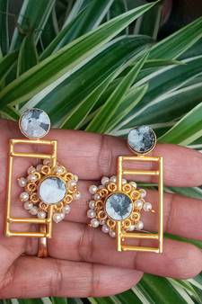 RozMili Traditional Brass metal Matte finish Gold Plated  Jaipuri stone Drop Earrings for Women & Girls