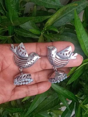 RozMili Indian Handcrafted Silver Oxidized  finish bird design Brass metal Jaipuri Drop Earring for women & Girls 1