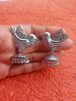 RozMili Indian Handcrafted Silver Oxidized  finish bird design Brass metal Jaipuri Drop Earring for women & Girls 2