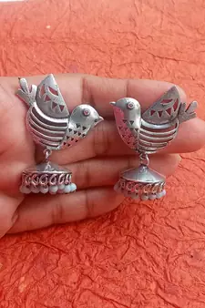 RozMili Indian Handcrafted Silver Oxidized  finish bird design Brass metal Jaipuri Drop Earring for women & Girls