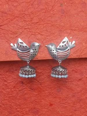RozMili Indian Handcrafted Silver Oxidized  finish bird design Brass metal Jaipuri Drop Earring for women & Girls 3