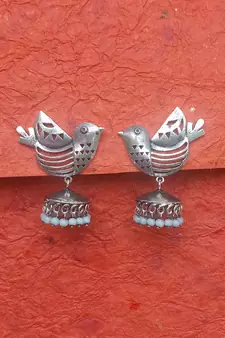 RozMili Indian Handcrafted Silver Oxidized  finish bird design Brass metal Jaipuri Drop Earring for women & Girls