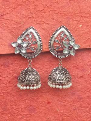 RozMili Oxidized Silver Finish kundan flower Jhumki Earring for women & Girls 1
