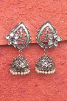 RozMili Oxidized Silver Finish kundan flower Jhumki Earring for women & Girls