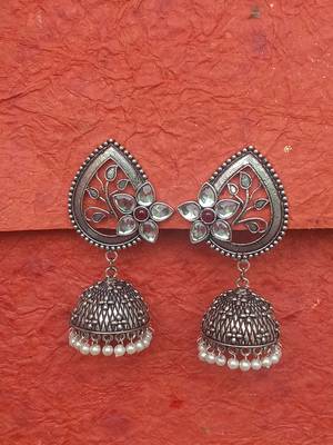 RozMili Oxidized Silver Finish kundan flower Jhumki Earring for women & Girls 2