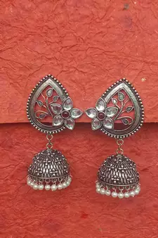 RozMili Oxidized Silver Finish kundan flower Jhumki Earring for women & Girls
