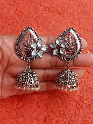 RozMili Oxidized Silver Finish kundan flower Jhumki Earring for women & Girls 3