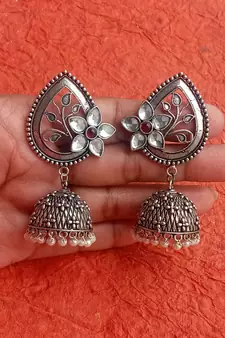 RozMili Oxidized Silver Finish kundan flower Jhumki Earring for women & Girls
