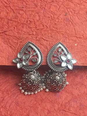 RozMili Oxidized Silver Finish kundan flower Jhumki Earring for women & Girls 4