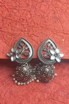 RozMili Oxidized Silver Finish kundan flower Jhumki Earring for women & Girls