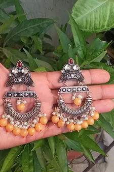 RozMili Indian Handcrafted Silver Oxidized  finish  Brass metal Jaipuri   Jhumka Earring for women & Girls