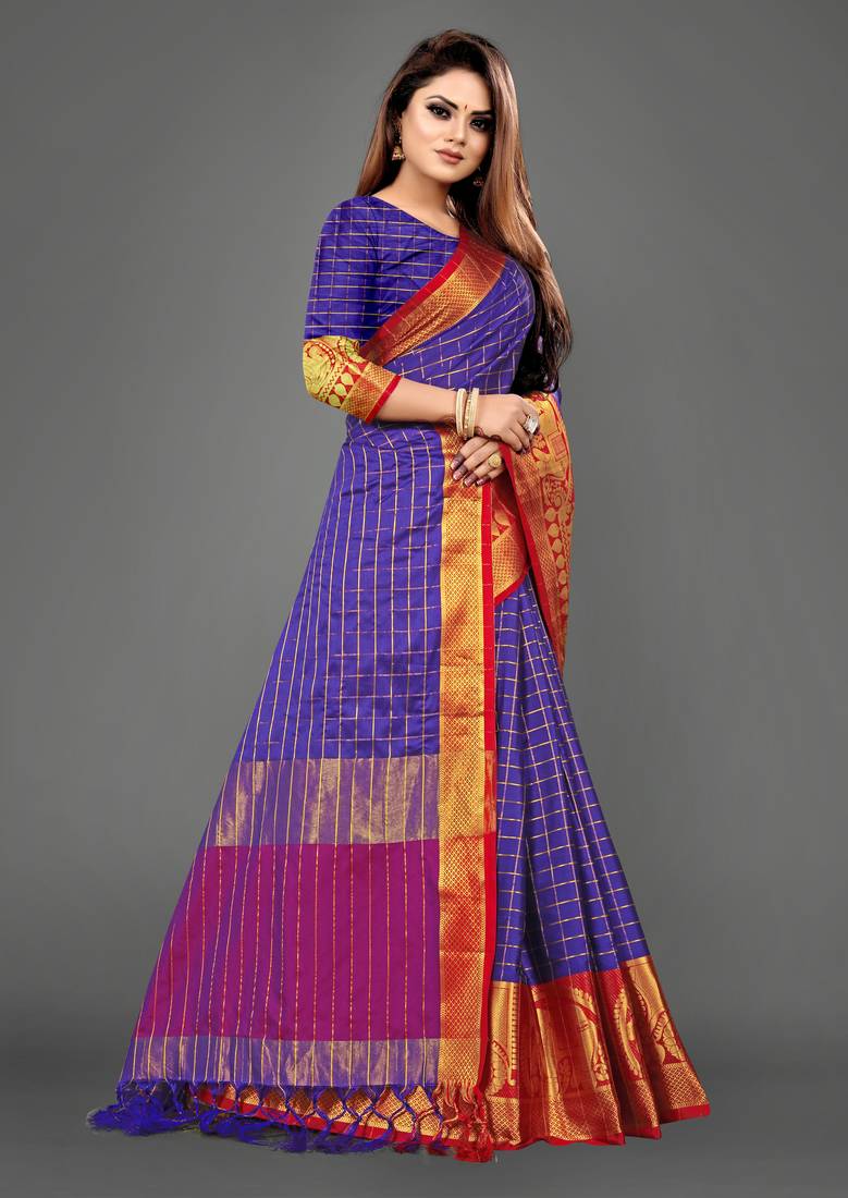 Vatudi Fashion Hathi Dolly Banarsi Cotton Silk Saree Blue color for women