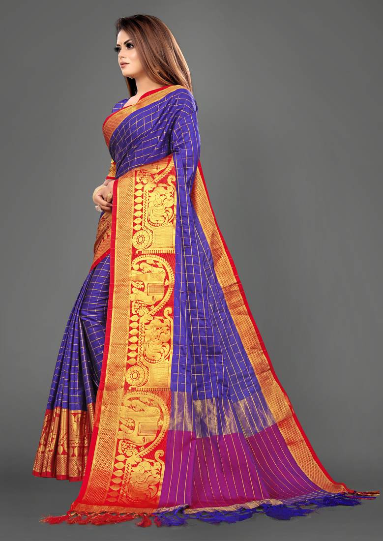 Vatudi Fashion Hathi Dolly Banarsi Cotton Silk Saree Blue color for women