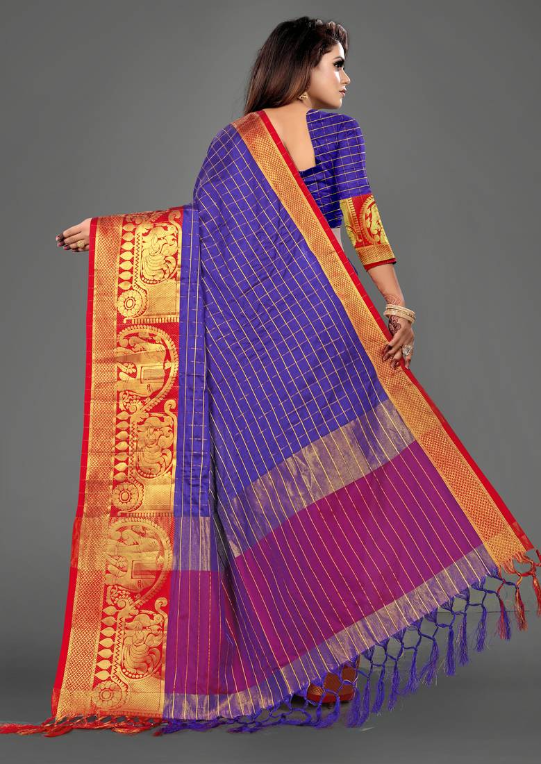 Vatudi Fashion Hathi Dolly Banarsi Cotton Silk Saree Blue color for women