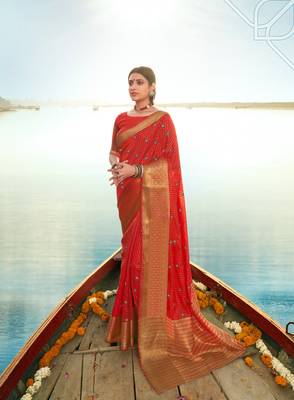 Red woven chanderi silk saree with blouse 2