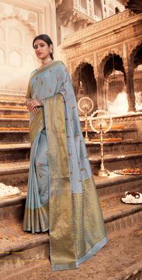 Grey woven chanderi silk saree with blouse 1